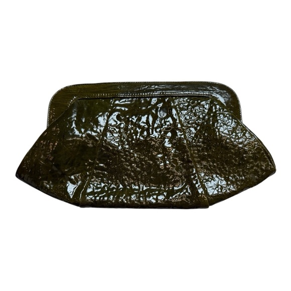 Vintage Lauren Merkin Olive Green Patent Leather Pleated Clutch Made in NYC EUC - Picture 1 of 3